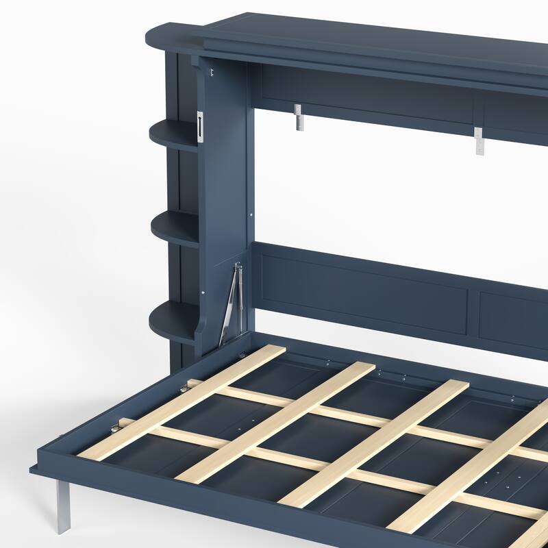 Murphy Platform Bed with Side Cabinets & Drawers, Wall Bed with Shelf for Home Office, Queen or Full