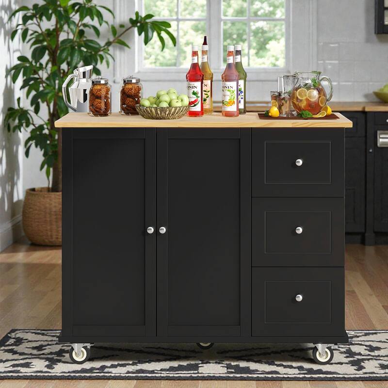 52.7" Rolling Kitchen Island with Solid Wood Top, Drop Leaf Breakfast Bar, Storage Cabinet, Wheels - Black