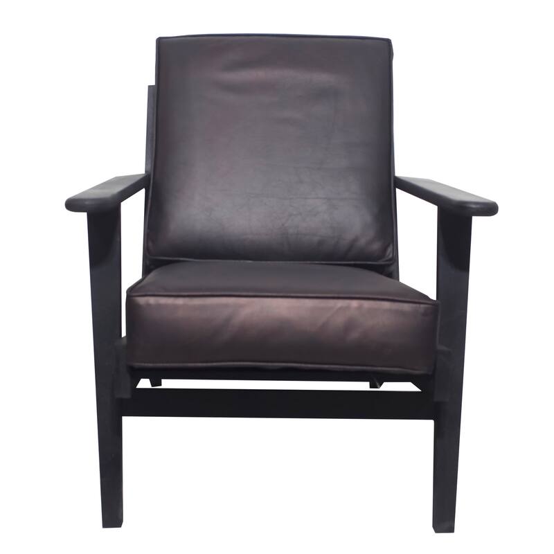 Amber Accent Chair, Handcrafted Slatted Mango Wood, Buffalo Leather Cushions, Angled Legs