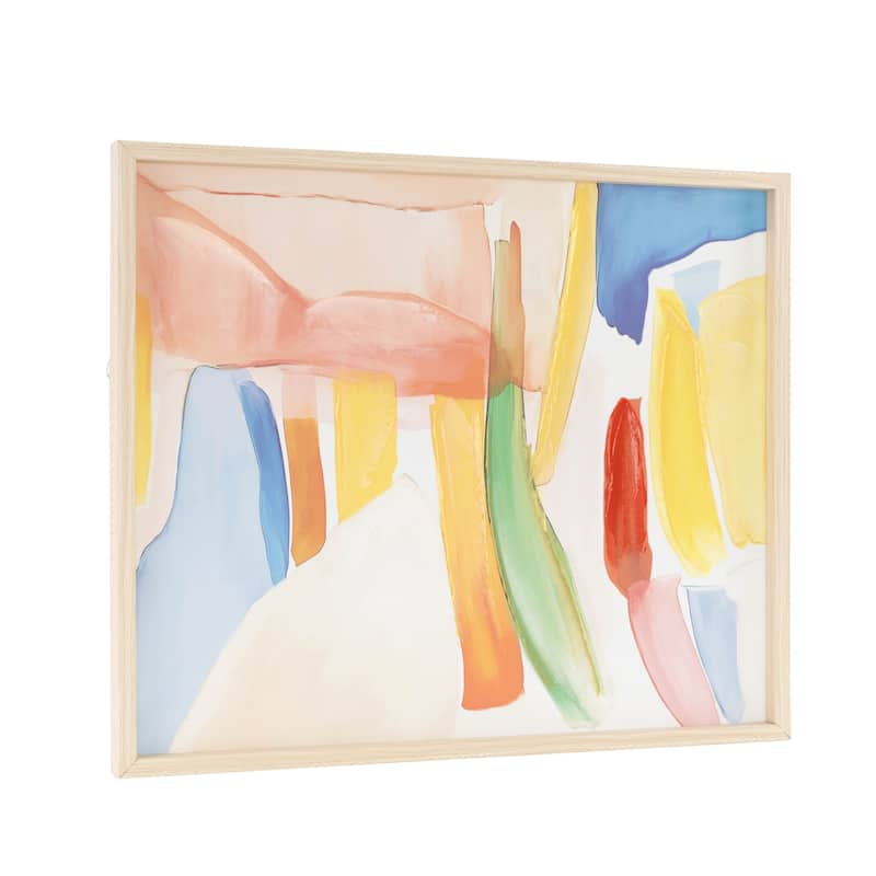 Canvas Abstract Framed Wall Art with Brushed Paint Strokes and Light Brown Frame - Multi Colored - Roche River Decor