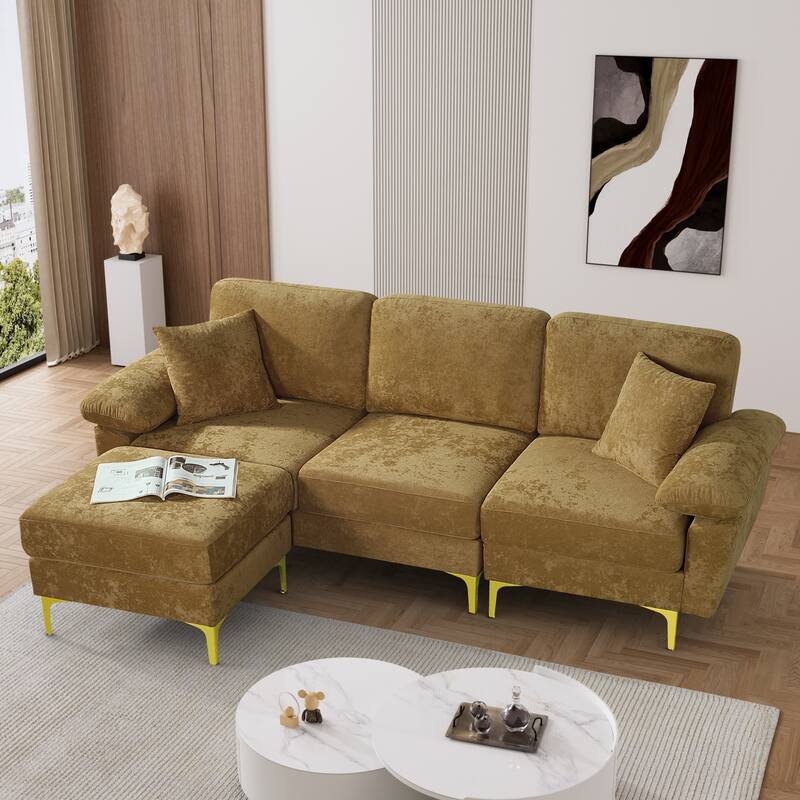 Ouyessir 2-Pieces Upholstered Velvet Sectional Sofa with 2 Pillows & Ottoman