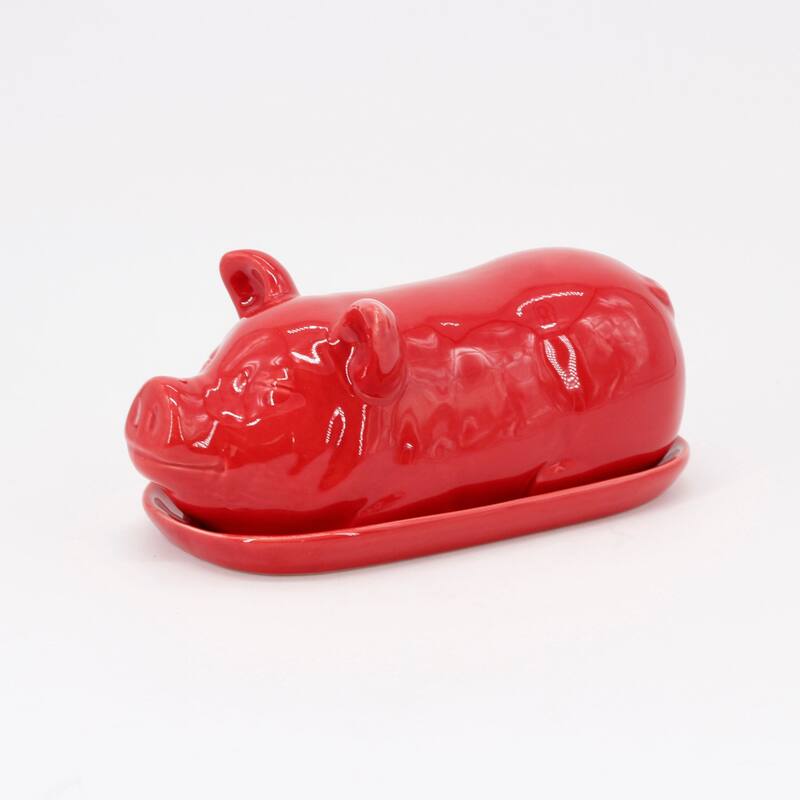 9" Red Unique 2-Piece Pig Butter Dish with Cover