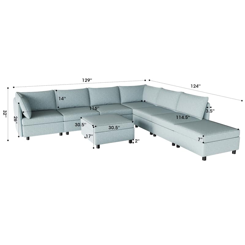 129'' Convertible 8-Seater Modular Sectional Sofa with Storage Ottoman and Comfortable Sleeper Options