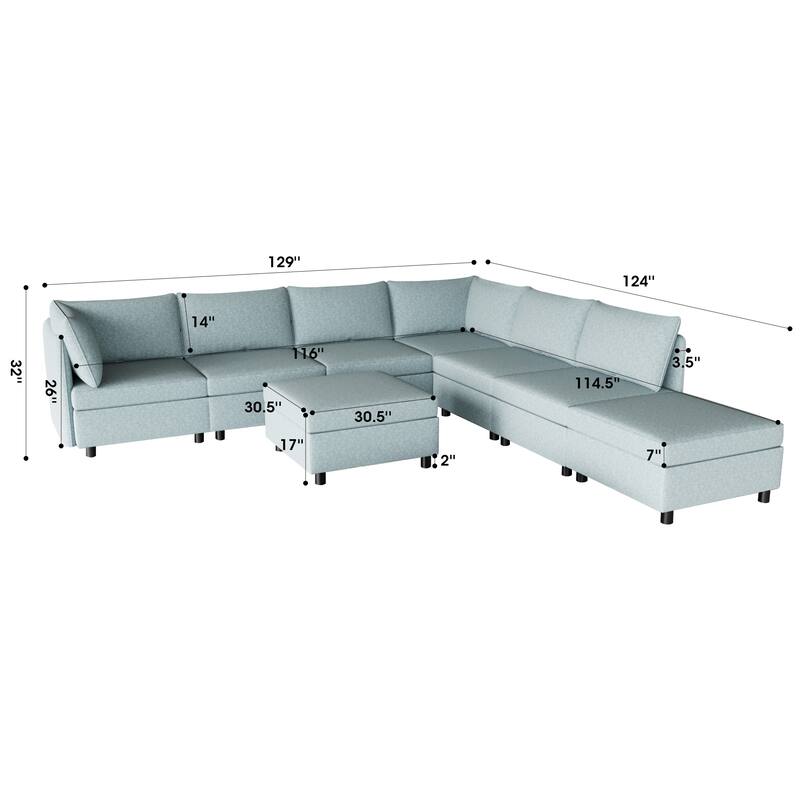 Blue 129'' Convertible 8 Seater Modular Sectional Sofa with Storage Ottoman, Comfortable Sleeper Options