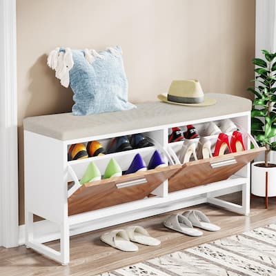 Shoe Storage Bench with Cushion, Entryway Shoe Bench with 2 Flip Drawers
