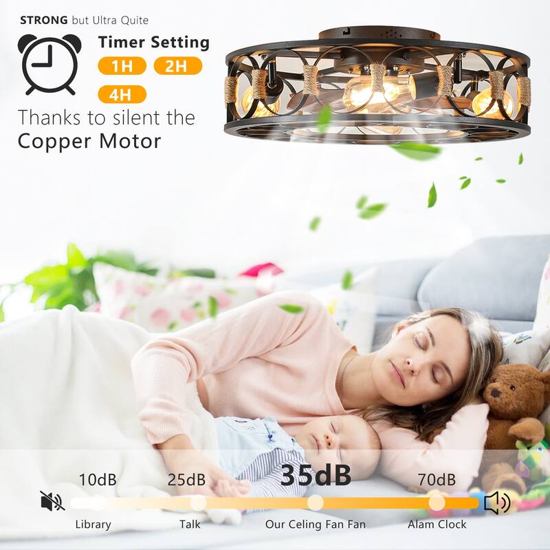Modern Semi Recessed Ceiling Fan Light with Light and Timer Function, 6 Wind Speeds for Bedroom and Living Room