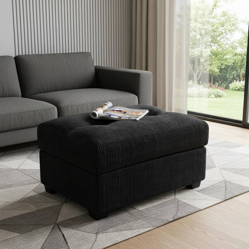 HomeRoots 37" Black Corduroy Tufted Ottoman - Black - 37.20 in. x 19.69 in.  x 23.62 in.