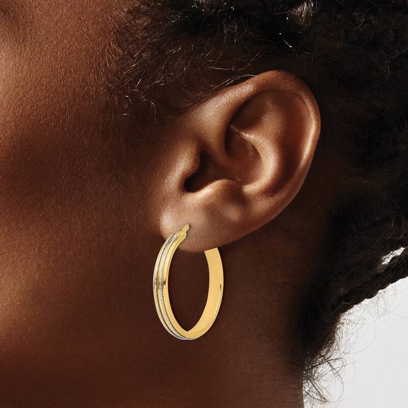 Curata 14k Two Tone Gold Polished and Sparkle Cut Hoop Earrings - 29.75x28.5mm