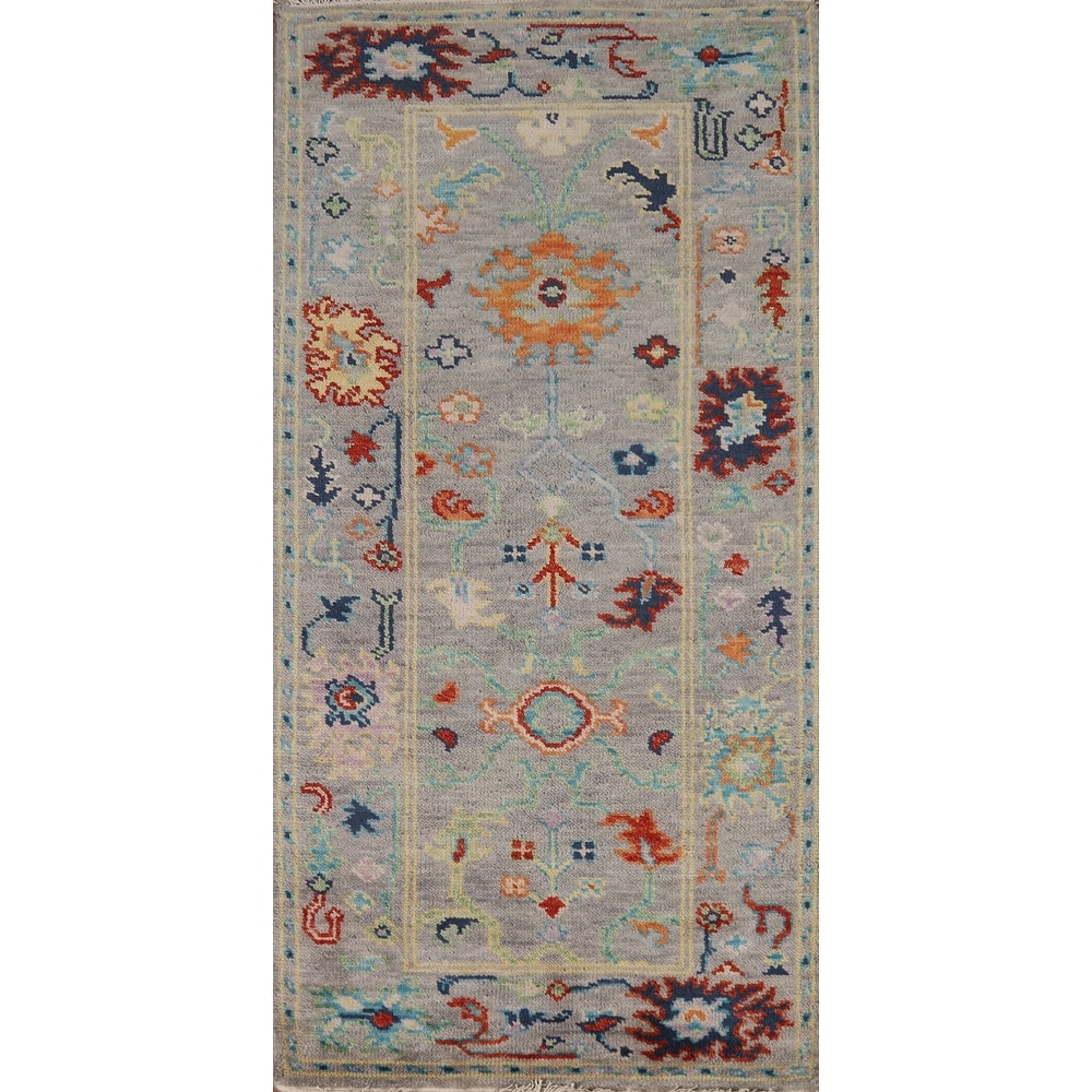 All-Over Gray Oushak Indian Foyer Rug Handmade Wool Carpet - 2'7"x 5'11"