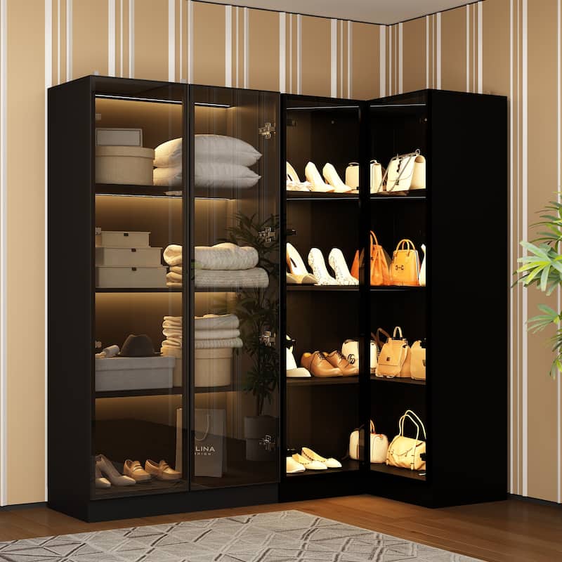 Black Glass Door Combo Wardrobe with Multi-Color Light Strips - 2-Pieces Cabinet