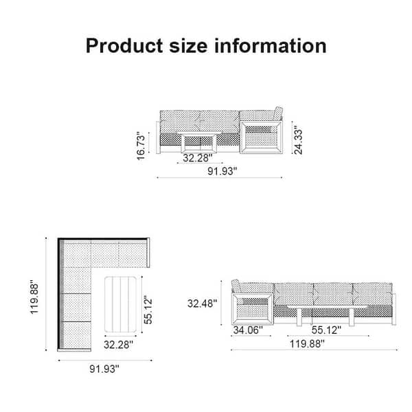 dimension image slide 3 of 10, PURPLE LEAF Caesar L-Shaped Khaki Outdoor Couch with 9.6" Thick for Yard Porch Deck Patio Conversation Sets