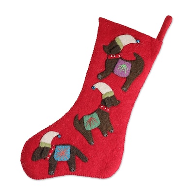 Novica Handmade Festive Dogs Applique Wool Felt Beaded Christmas Stocking