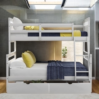 Twin over Full Bunk Bed with Inclined Ladder, Safety Full-length Guardrail, Two Under-bed Storage Drawers, White