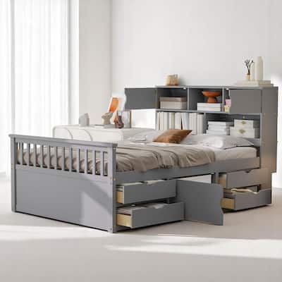 Full Size Captain Platform Bed with Bookcase Headboard, 4 Storage Drawers, and Adjustable Shelves, Gray Wood Frame