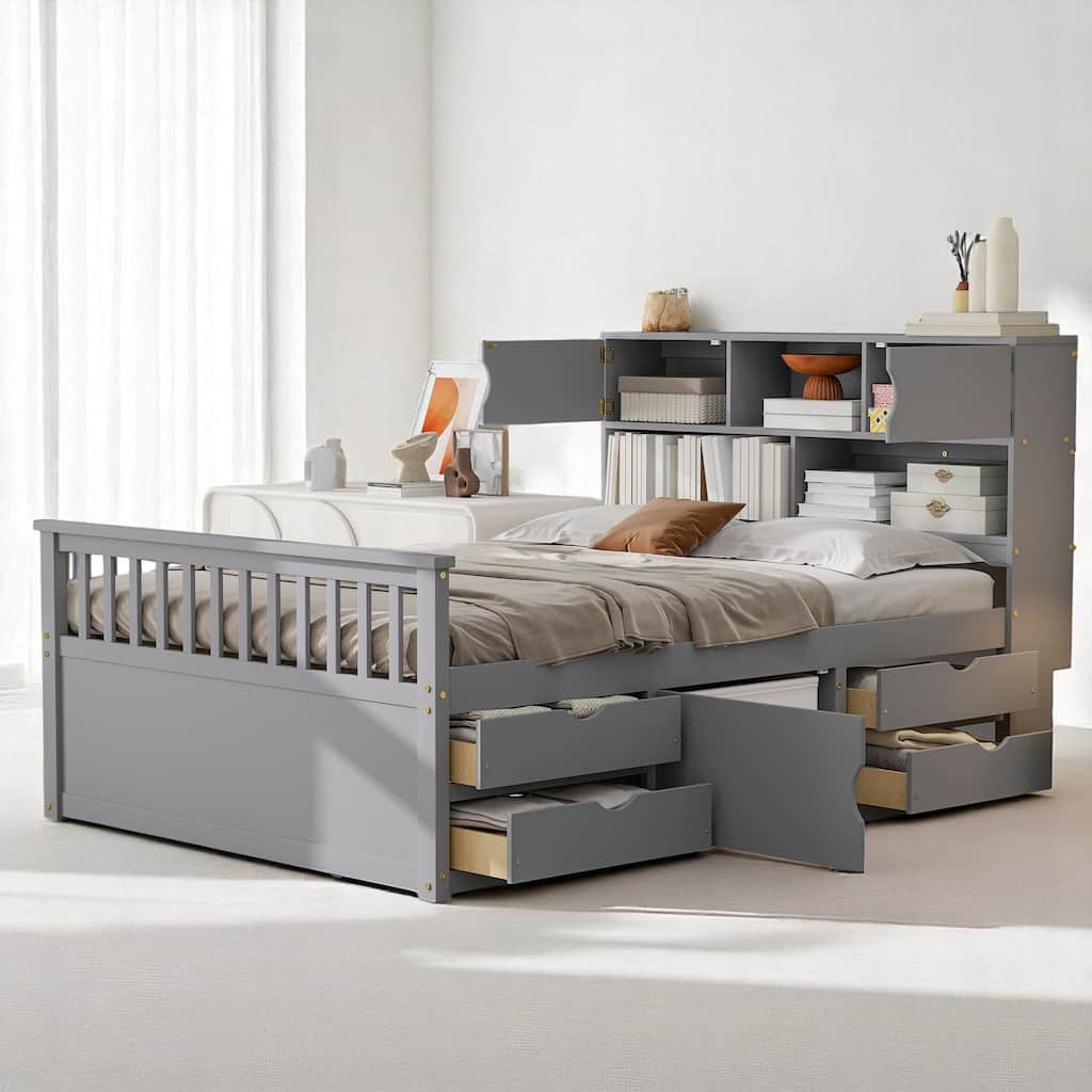 Full Size Captain Platform Bed with Bookcase Headboard, 4 Storage Drawers, and Adjustable Shelves, Gray Wood Frame