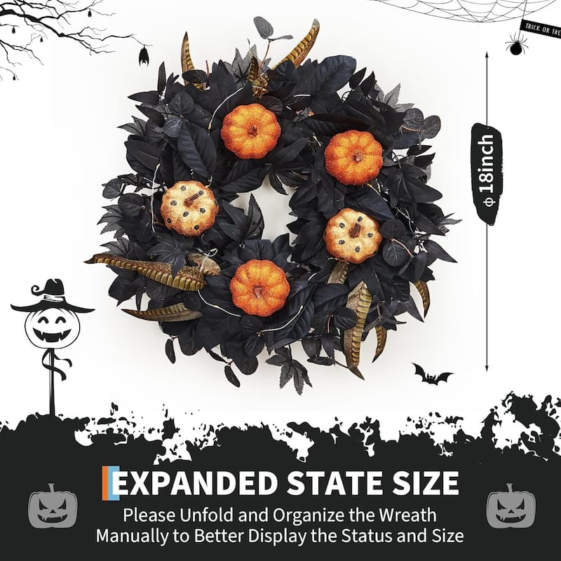 18 in Lighted Halloween Wreaths for Front Door Windows Fireplaces - N/A
