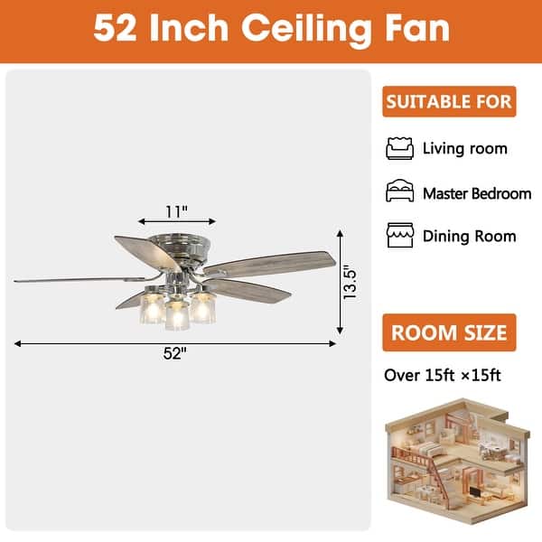 52" Tranistional Glass 3-Light Low Profile Flush Mount Ceiling Fan Chandelier with Remote