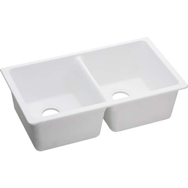 slide 2 of 8, Elkay Quartz Classic 33" x 18-1/2" x 9-1/2", Equal Double Bowl Undermount Sink, White
