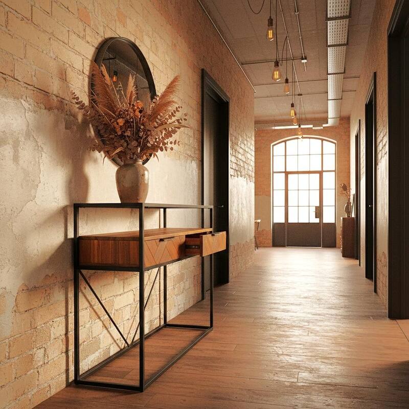 Vintage Industrial Dark Brown Wood Console Table