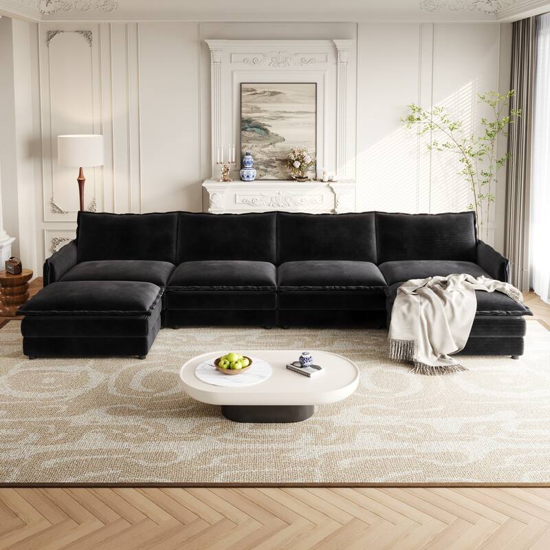 4-Seater Couch with 2 Ottomans, Corduroy Upholstered Cloud Sectional Deep Seat Sleeper Sofa U-Shaped Modular Couch