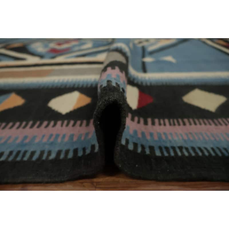 Hand Woven Oriental 100% Wool Carpet Southwestern Tribal Navy Blue & Blues Kilim Area Rug - 9' 8'' X 8' 3''