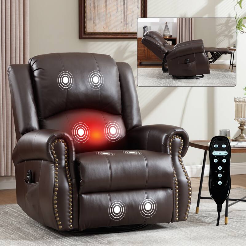 Manual Recliner Chair with Heat & Massage, Ergonomic Lounge Sofa Chair, Swivel Recliner Chair with Side Pocket - Brown