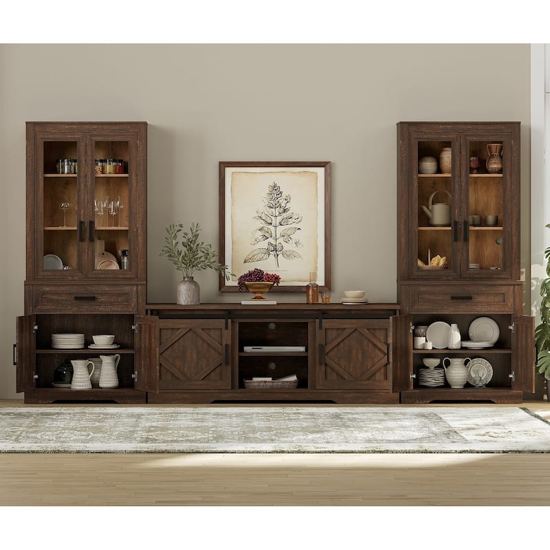 Modern Farmhouse TV Stand with Bookcase for 65" 75" TV with Barn Door for Living Room, Bedroom & Home Office