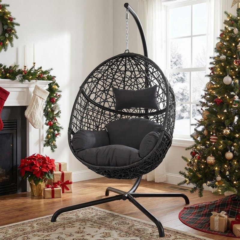 Extra Large Egg Chair with Stand, 450 lbs Capacity Hanging Basket Chair, Indoor/Outdoor Wicker Nest Swing Chair with Cushions - Dark Grey