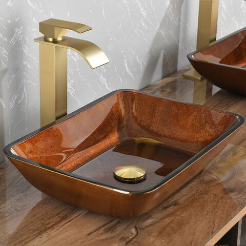 Russet Glass Rectangular Vessel Bathroom Sink Set with Faucet and Pop Up Drain