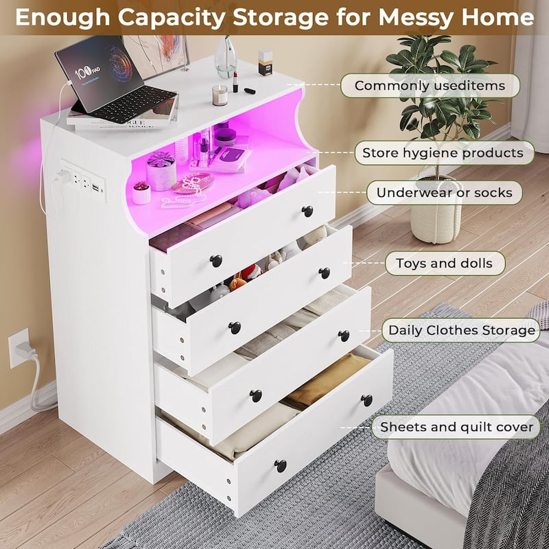 Dresser Charging Station 4 Drawers LED Dresser for Bedroom