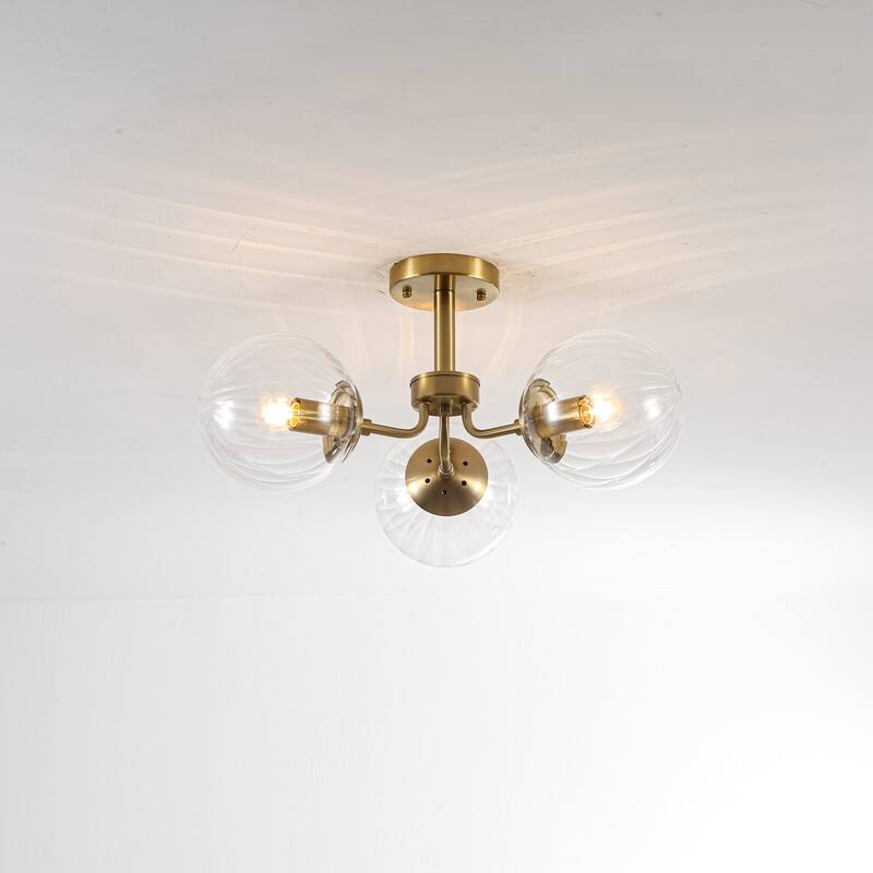 3-Light Mid-Century Modern Gold Sputnik Semi-Flush Mount Light with Clear Ribbed Glass Globe for Living Room, Entryway - Clear/Gold - 23.2 in. W x 7.1 in. H x 23.2 in. D
