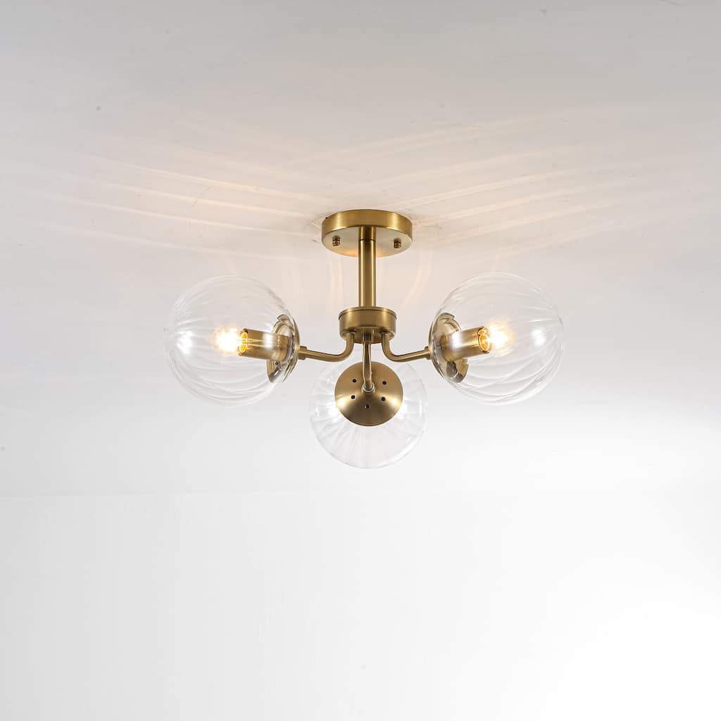 3-Light Mid-Century Modern Gold Sputnik Semi-Flush Mount Light with Clear Ribbed Glass Globe for Living Room, Entryway
