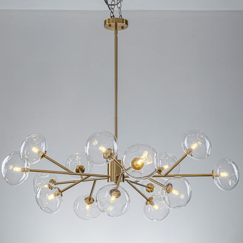 15-Light Concave Glass Globe Chandelier - Modern Brass Molecular Ceiling Light for Living Room - 15 Light