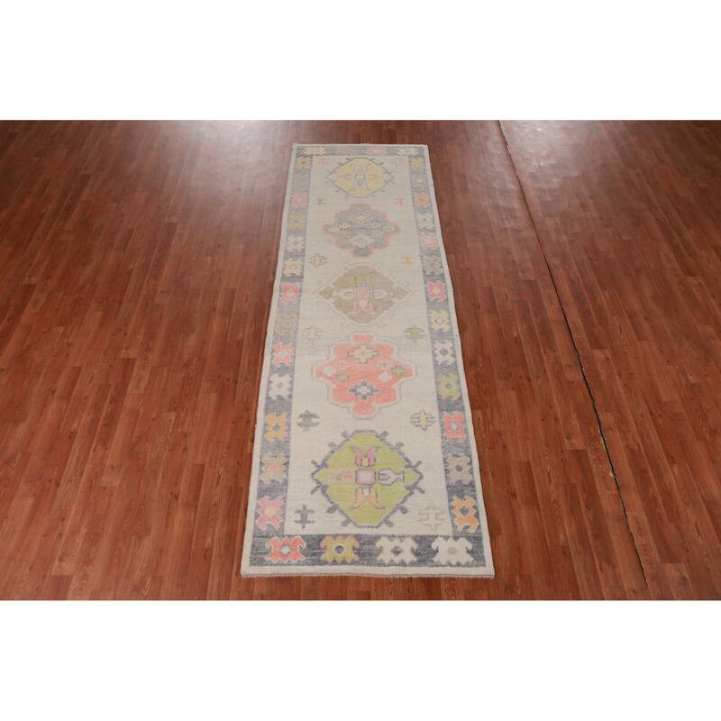 Hand Knotted Oriental 100% Wool Carpet Transitional Geometric Beige & Ivories Oushak Runner Rug - 9' 2'' X 3' 1''
