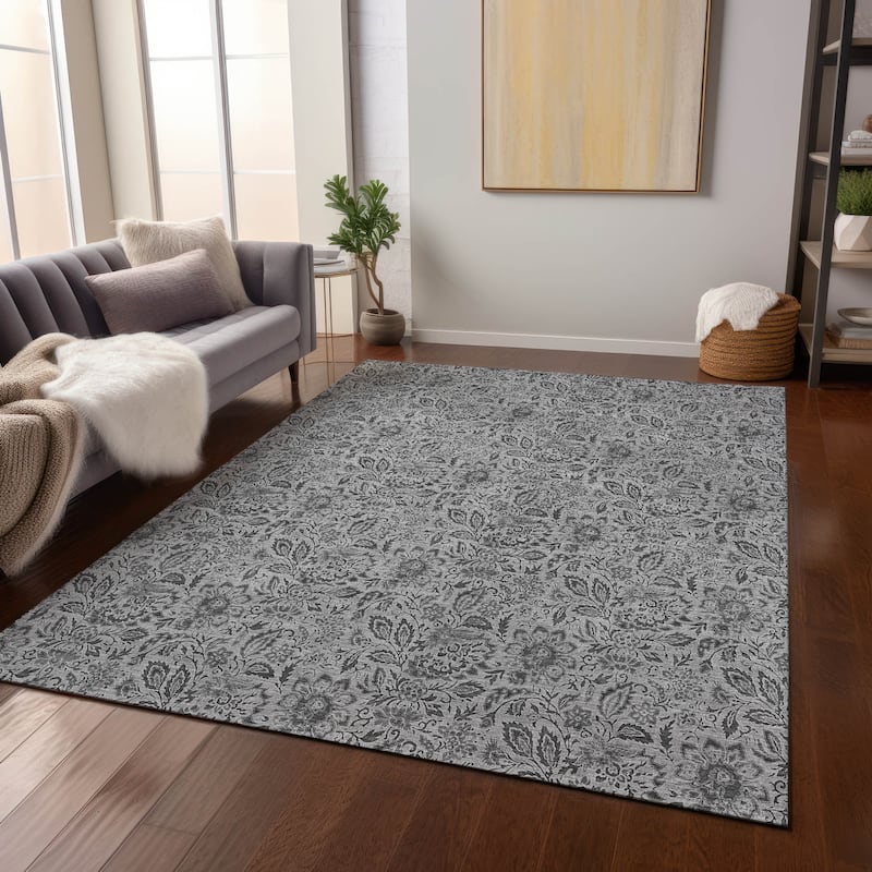 Machine Washable Indoor/ Outdoor Chantille Casual Floral Rug - Gray - 8' x 10'
