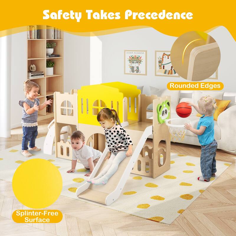Gymax 7-in-1 Toddler Slide Set Wooden Castle-Shaped Entertainment
