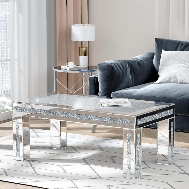 Rectangle Coffee Table Mirrored Diamonds Inlay - MDF/Glass