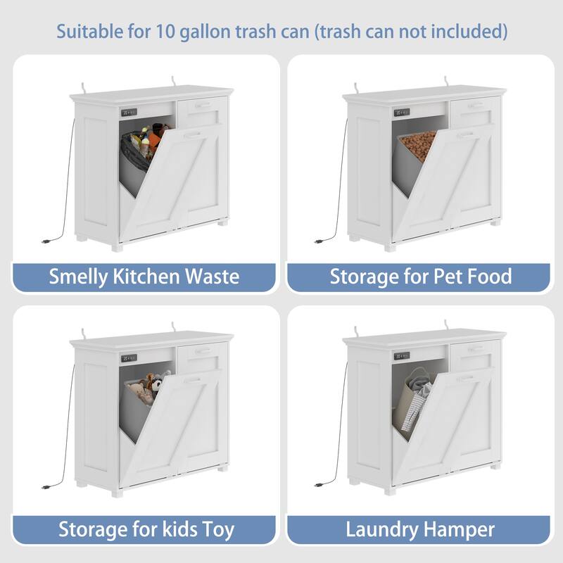 Ozone Deodorizing Trash Bin Cabinet Trash Cabinet, Wooden Kitchen Garbage Bin Storage Cabinet with Hidden Bins, White