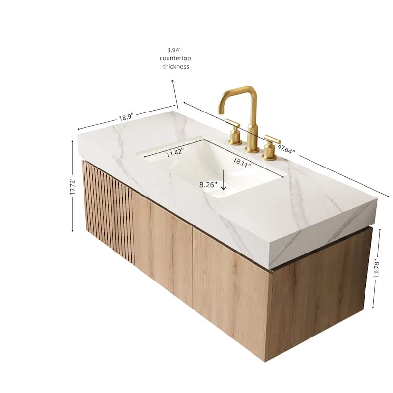 Floating Bathroom Vanity with Sintered Stone Top & Undermount Ceramic Basin with Three Pre-drilled Faucet Holes