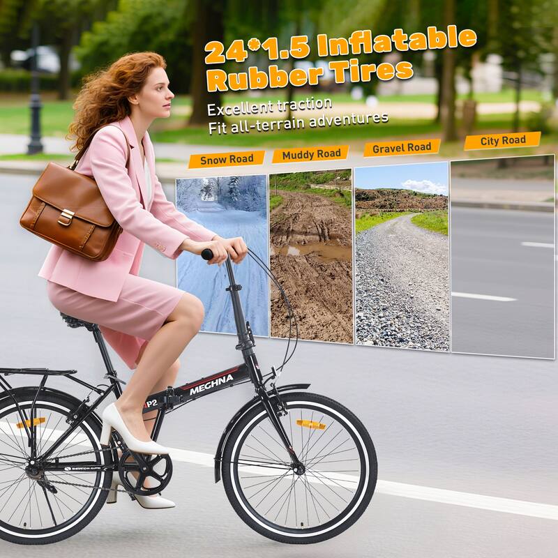 24 Inch Folding Bike with Fenders, Single Speed City Commuter Bicycle with Dual V-Brake, Steel Frame Portable Compact Bicycle