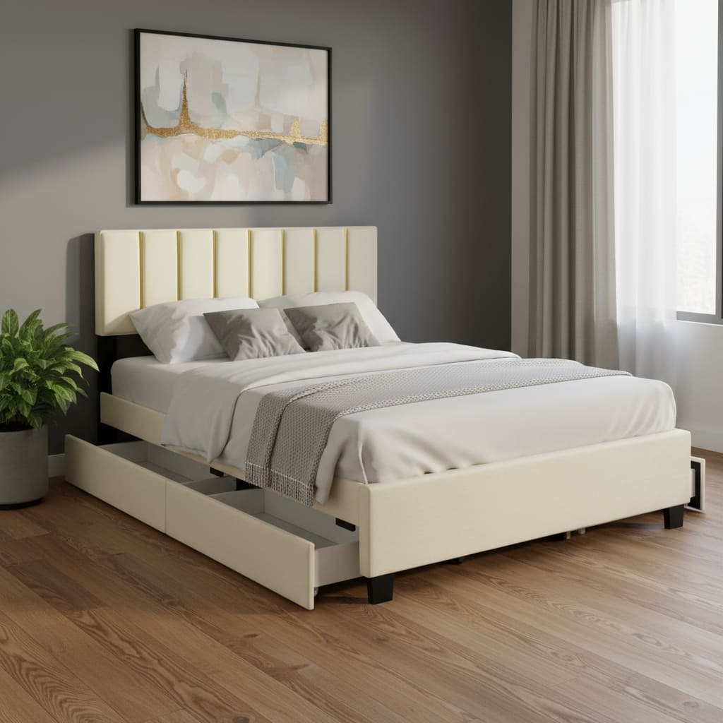 HomeRoots Beige Tufted Velvet Upholstered Queen Bed Frame With Trundle And Drawers