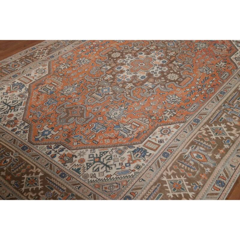 Geometric Tabriz Area Rug Orange Handmade Wool Carpet - 6'5"x 9'5"
