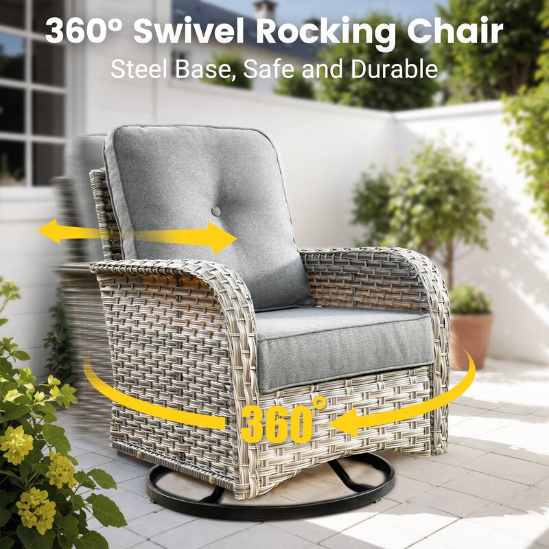 OVIOS 10 Pieces Outdoor Wicker Swivel Chair Set With Solar-Powered Coffee Table