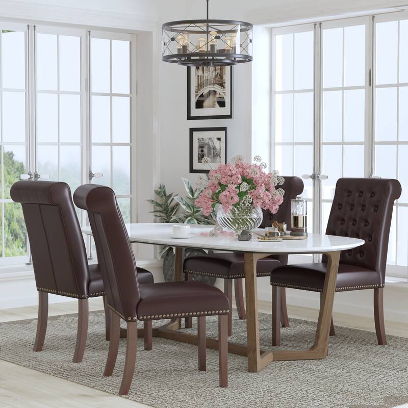 4PK Parsons Chairs-Rolled Back, Accent Nail Trim - Brown LeatherSoft
