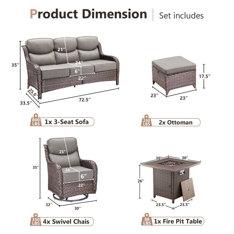 Pocassy 8 Pieces Outdoor 6" Sofa Swivel Chair Ottoman with Fire Pit Table