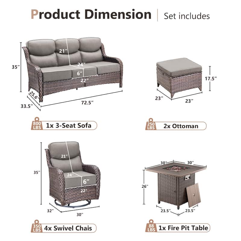 Pocassy Outdoor 6" Sofa Swivel Chair Ottoman with Fire Pit Table