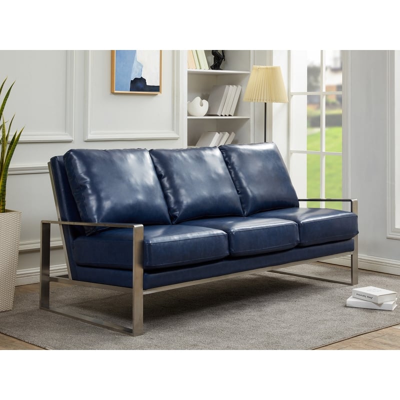 Jefferson 3 Seater Leather Sofa in Brushed Silver Stainless Steel Frame with Pocket Spring Couch for Living Room Office Lounge