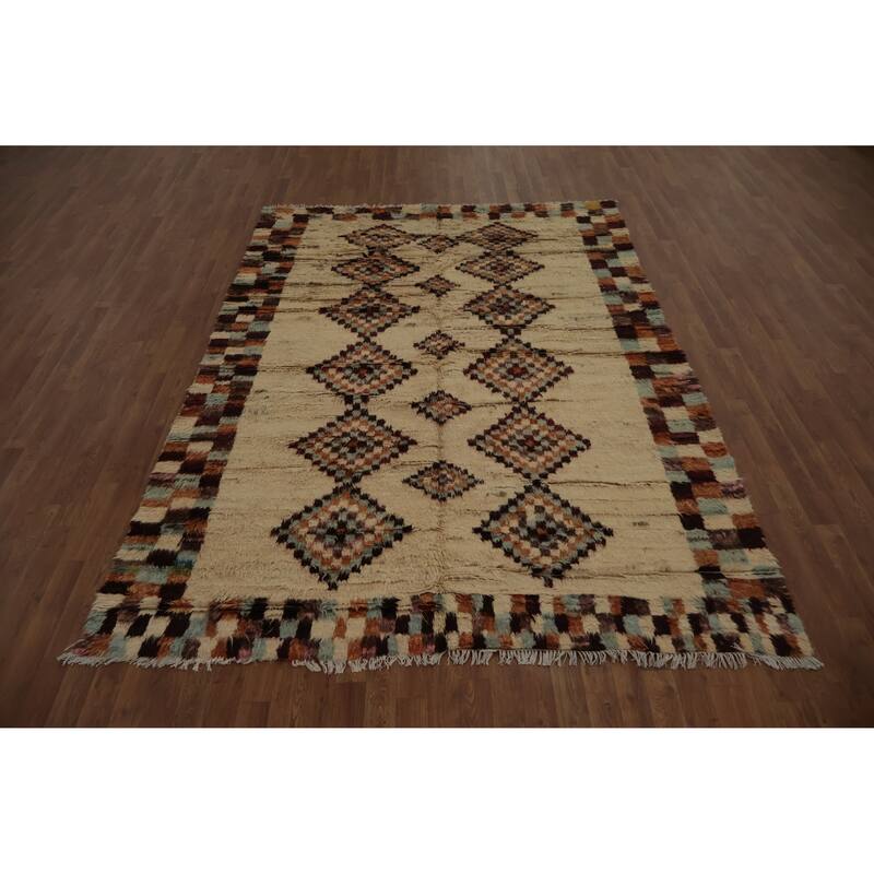 Hand Knotted Oriental 100% Wool Carpet Modern Tribal Beige & Ivories Moroccan Area Rug - 9' 8'' X 6' 8''