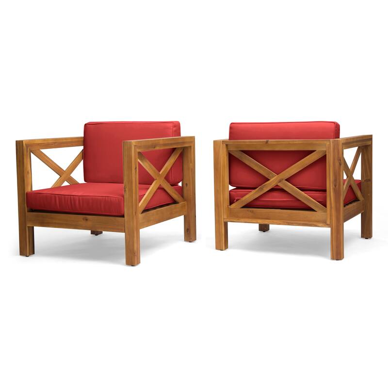 Brava Outdoor Acacia Club Chairs (Set of 2) by Christopher Knight Home - Teak Finish + Red Cushion