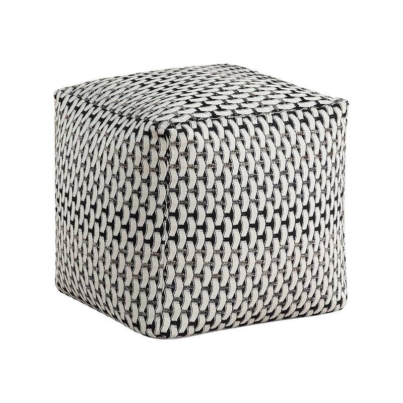 Modern Pouf Ottoman, Black White Basket Woven Jacquard, 16 Inch Square